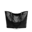 Solid Woven Shoulder Tote Bag - Black